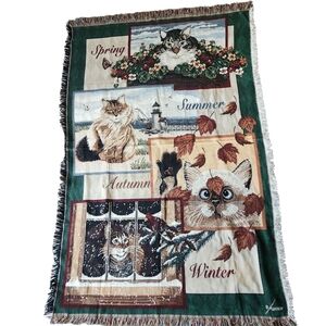 Vintage Goodwin Weavers Tapestry Fringe Cat 4 Season Throw Blanket